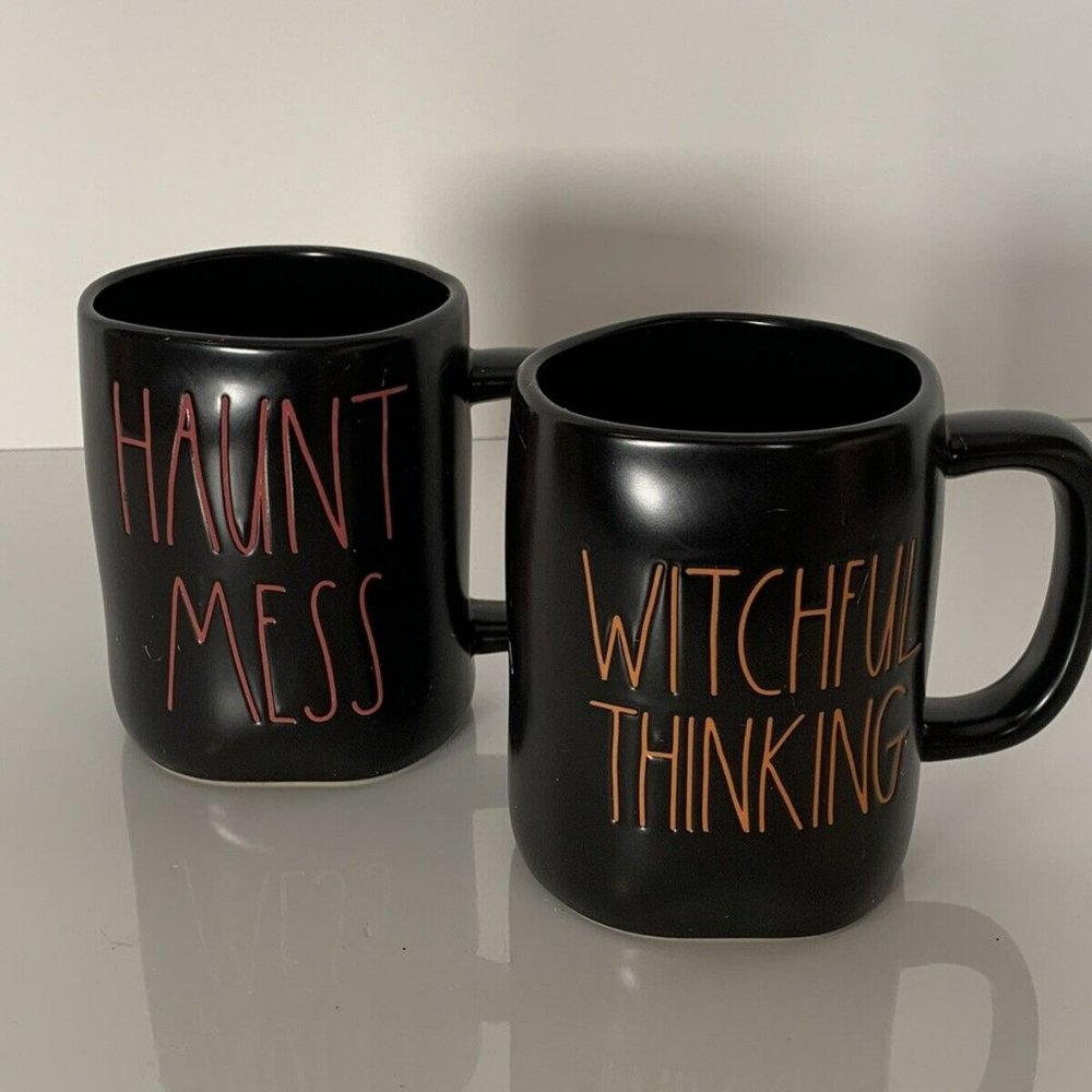 NIB Set of Rae Dunn Halloween Mugs WITCHFUL THINKING & HAUNT MESS Black Mug Set